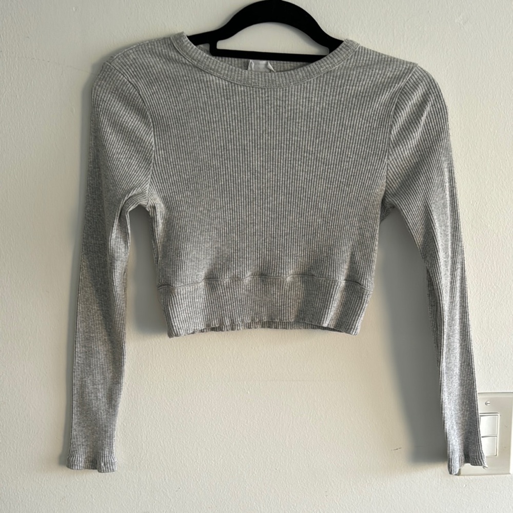 Gray Ribbed Long Sleeve Crop Top